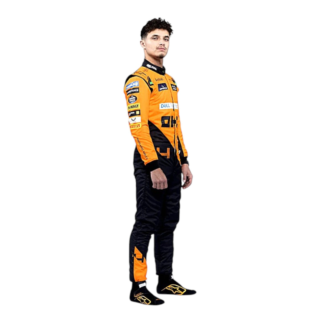 Lando Norris 2024 McLaren F1 race suit in papaya orange with black panels and sponsor detailing