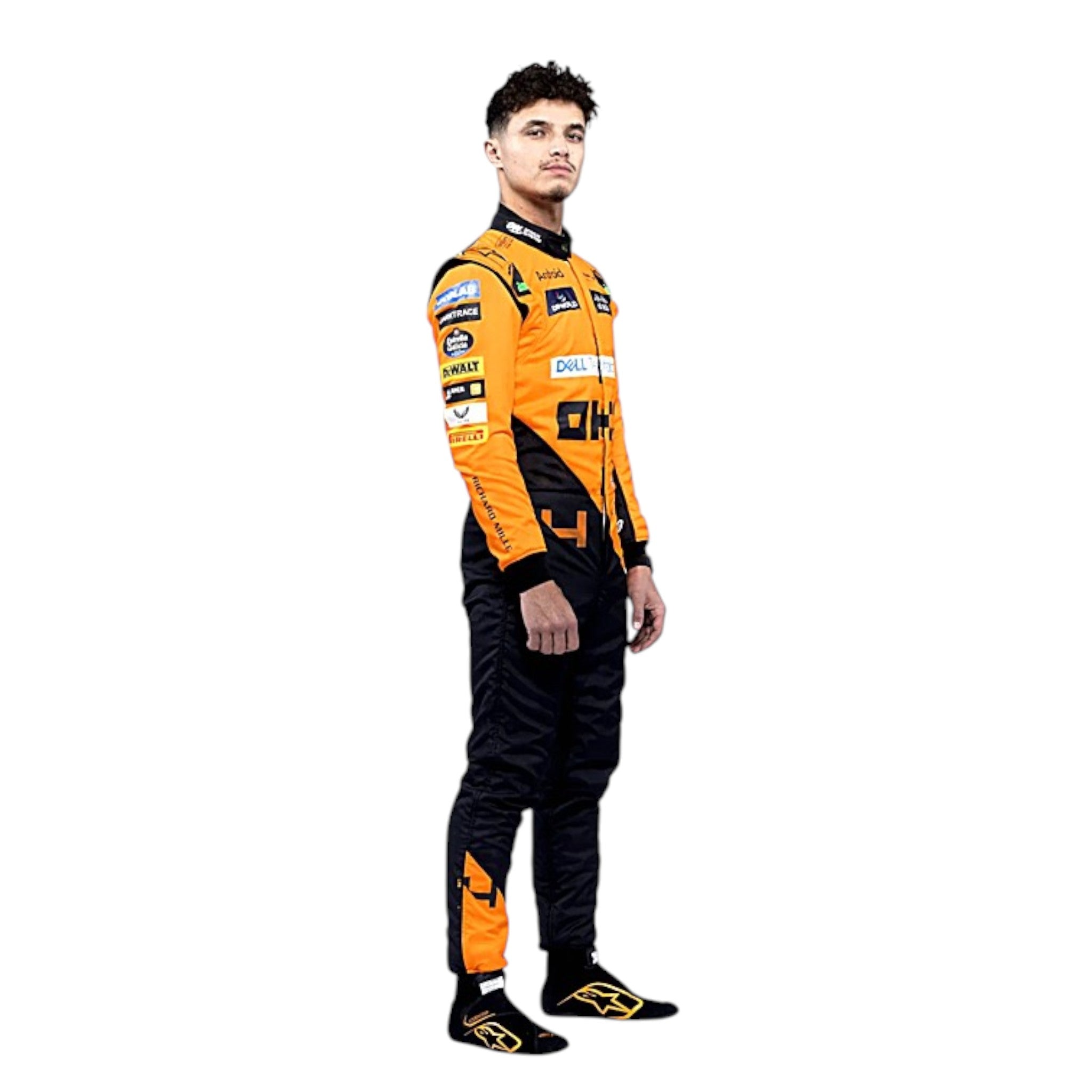 Lando Norris 2024 McLaren F1 race suit in papaya orange with black panels and sponsor detailing