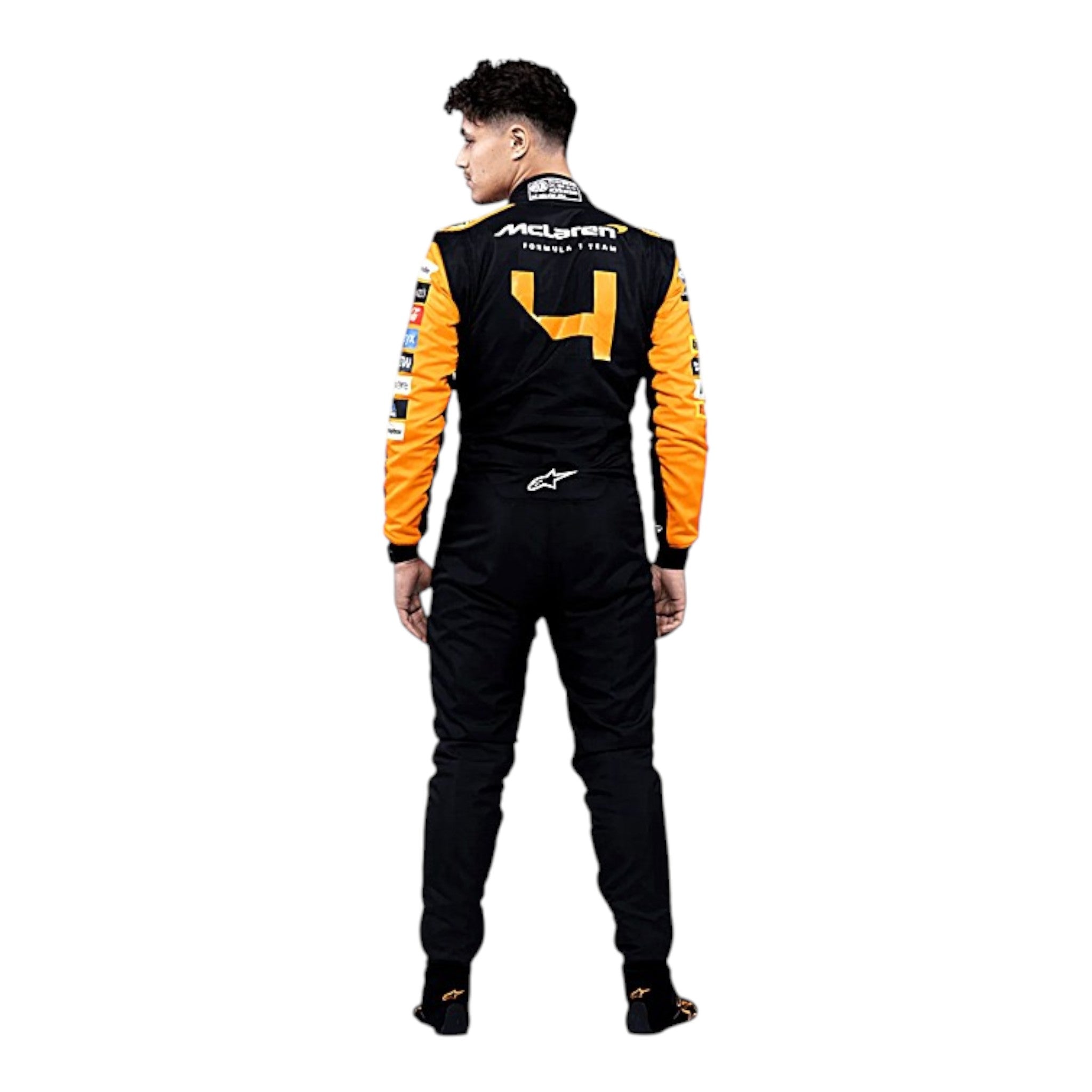 Lando Norris 2024 McLaren F1 race suit in papaya orange with black panels and sponsor detailing