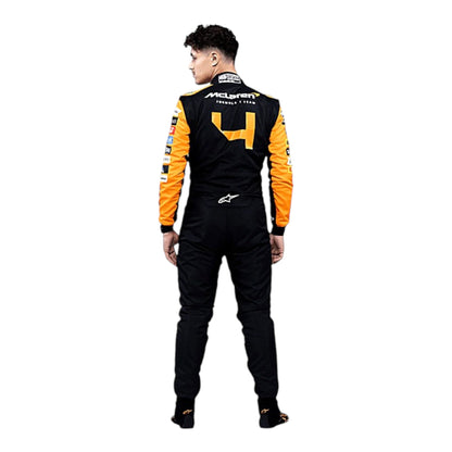 Lando Norris 2024 McLaren F1 race suit in papaya orange with black panels and sponsor detailing