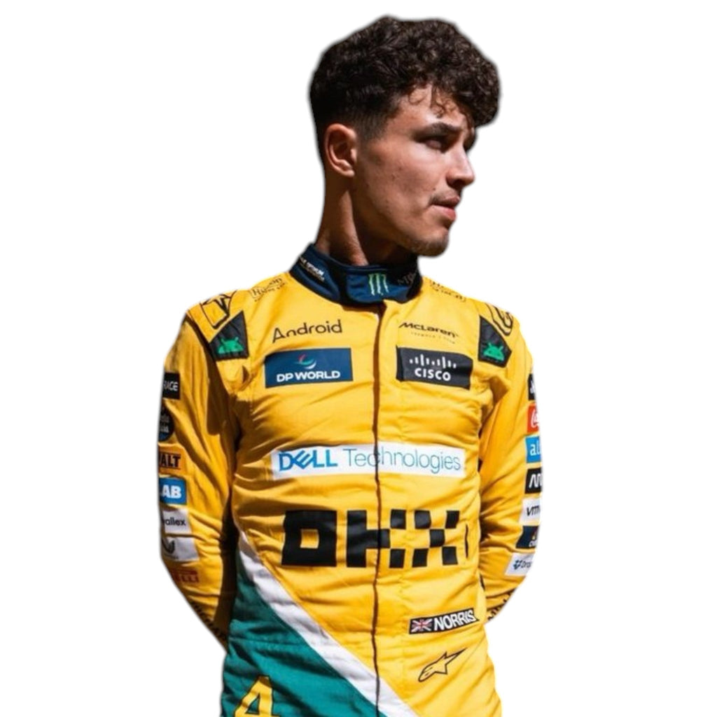 Lando Norris 2024 McLaren Monaco GP F1 race suit with special edition papaya styling and sponsor details