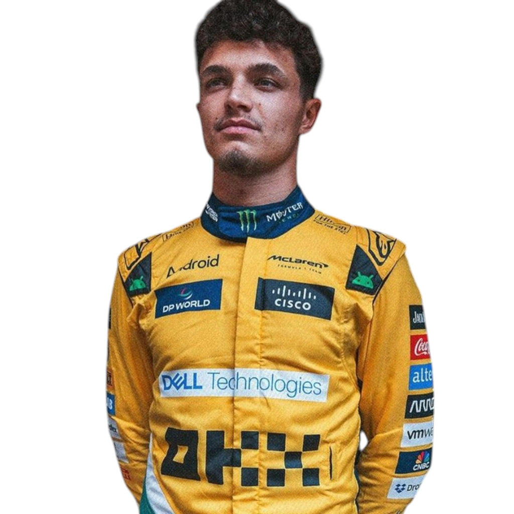 Lando Norris 2024 McLaren Monaco GP F1 race suit with special edition papaya styling and sponsor details