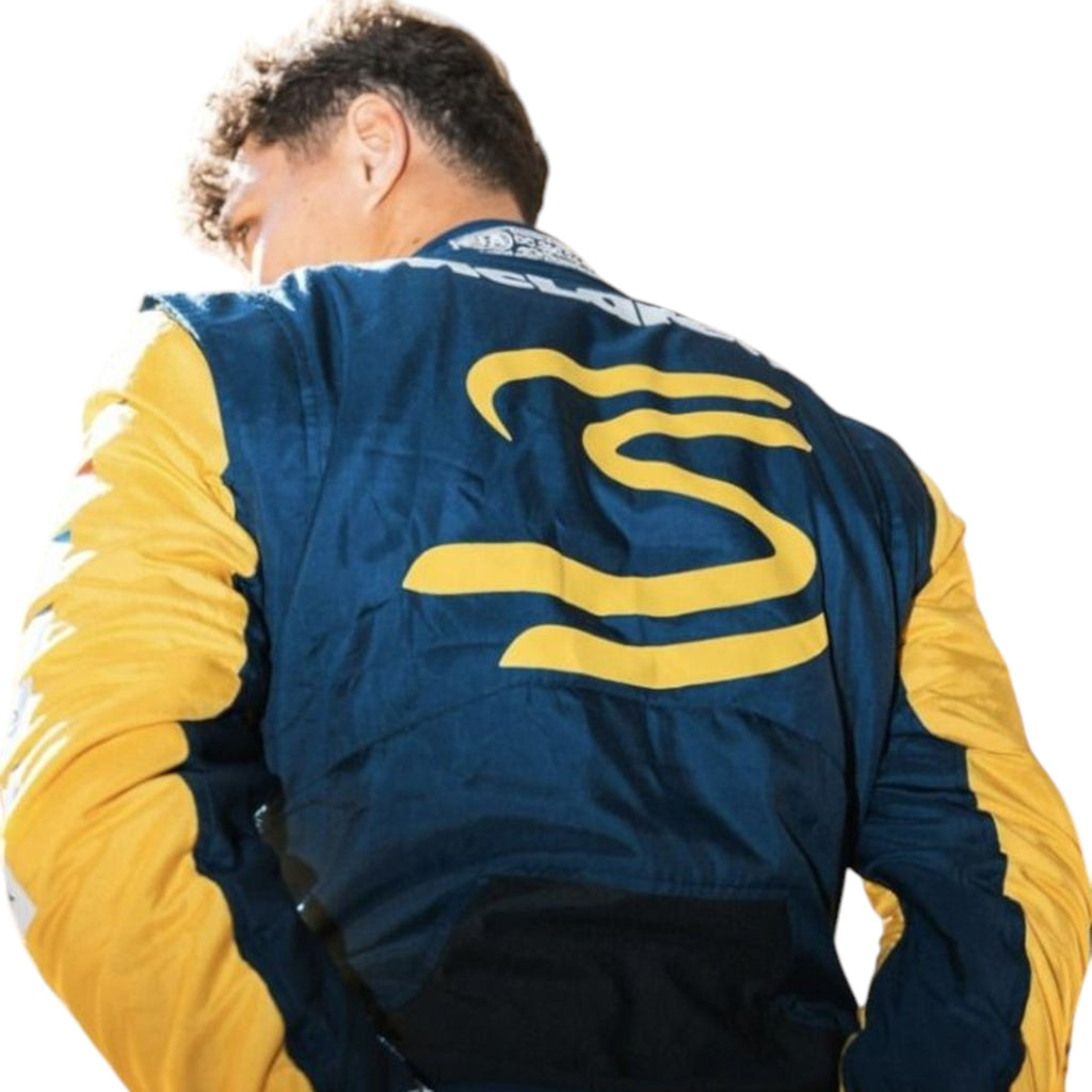 Lando Norris 2024 McLaren Monaco GP F1 race suit with special edition papaya styling and sponsor details