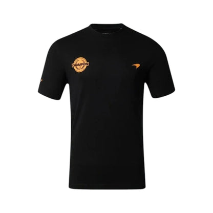 Lando Norris 2025 McLaren Drivers World Champion T Shirt in black featuring McLaren branding and Lando Norris World Champion graphics on the front and back