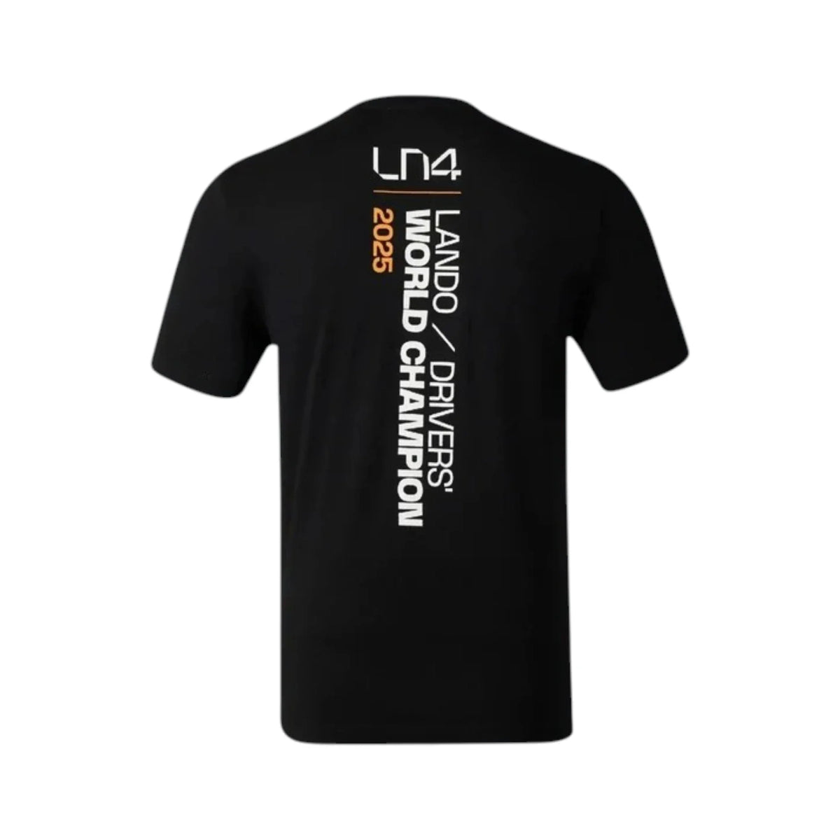 Lando Norris 2025 McLaren Drivers World Champion T Shirt in black featuring McLaren branding and Lando Norris World Champion graphics on the front and back