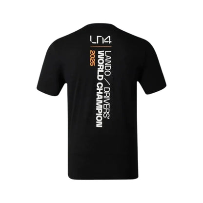 Lando Norris 2025 McLaren Drivers World Champion T Shirt in black featuring McLaren branding and Lando Norris World Champion graphics on the front and back