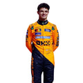 Lando Norris 2025 McLaren F1 race suit in papaya orange with black accents and sponsor branding