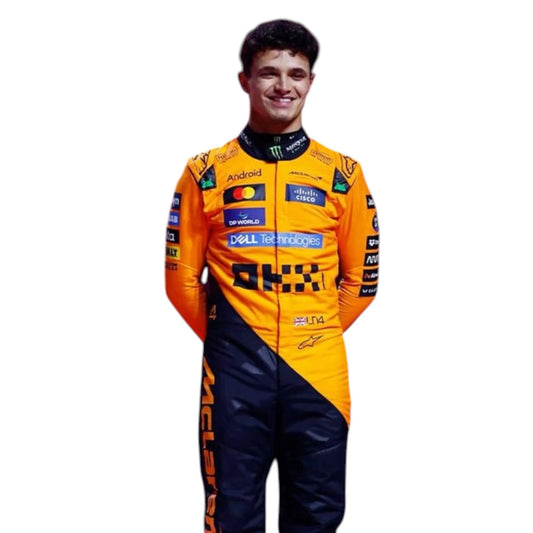 Lando Norris 2025 McLaren F1 race suit in papaya orange with black accents and sponsor branding