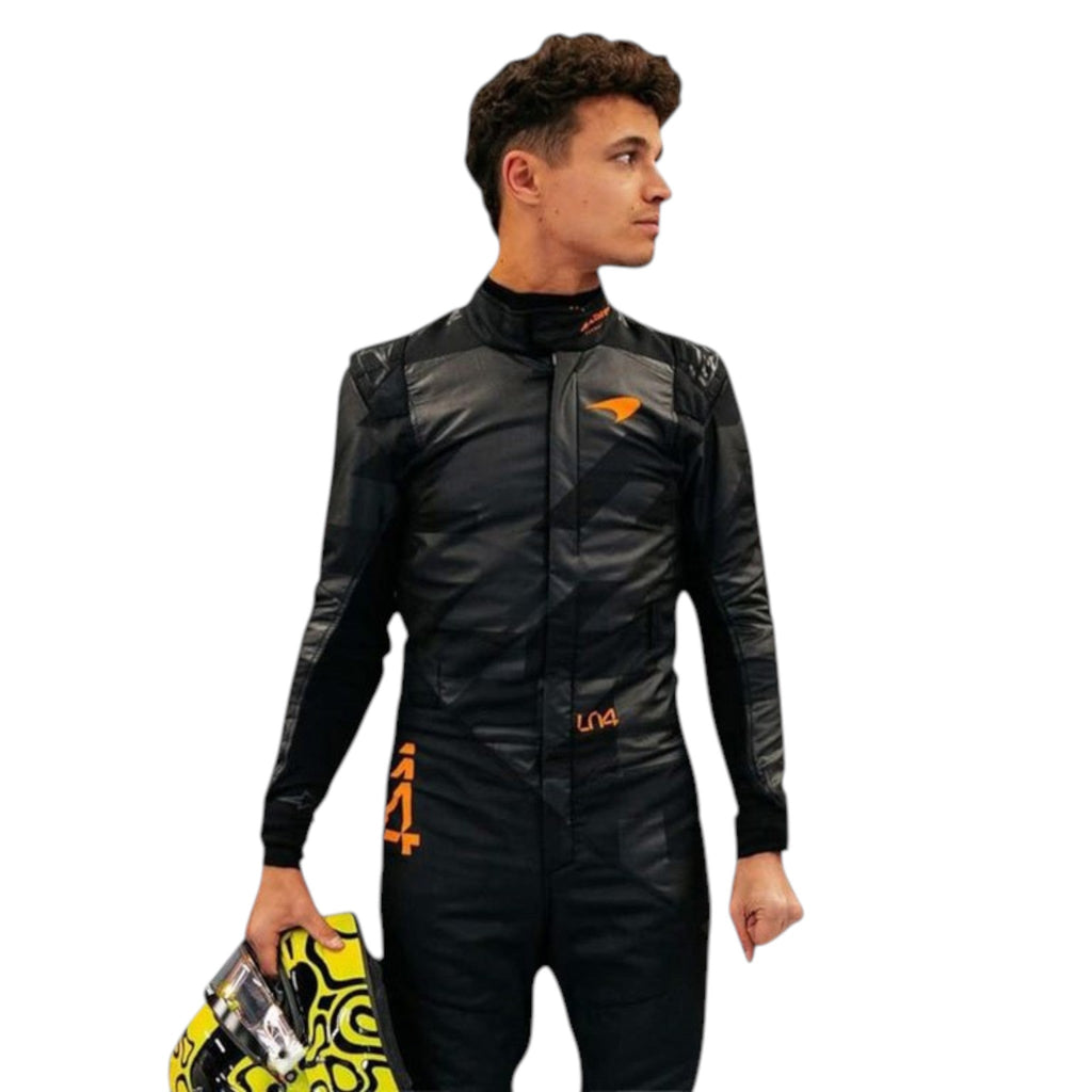 Lando Norris 2025 McLaren F1 Team black suit with papaya accents and sponsor logos