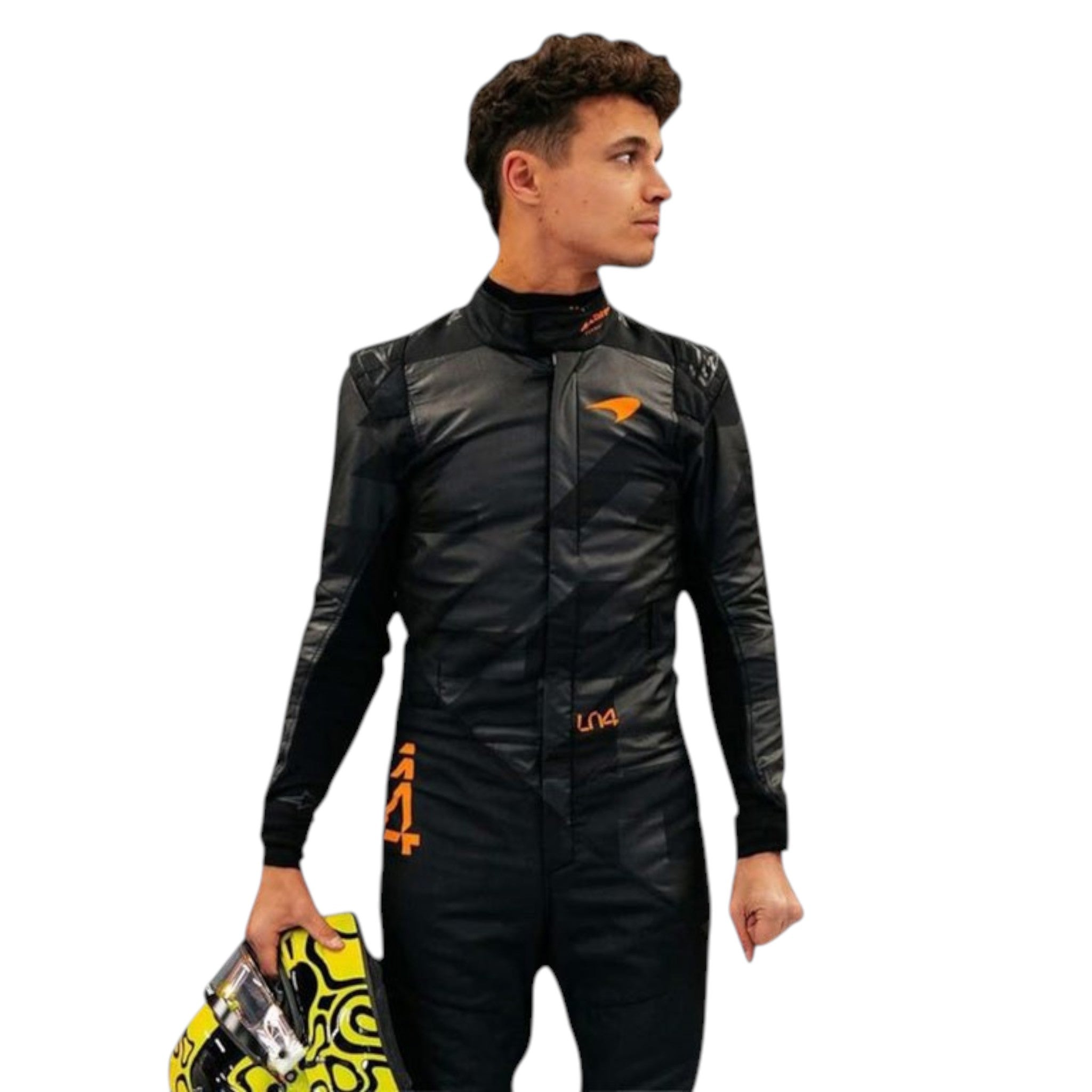 Lando Norris 2025 McLaren F1 Team black suit with papaya accents and sponsor logos