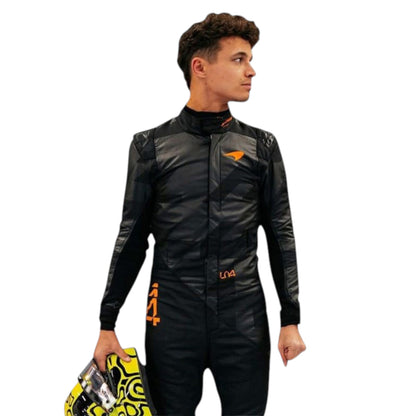 Lando Norris 2025 McLaren F1 Team black suit with papaya accents and sponsor logos