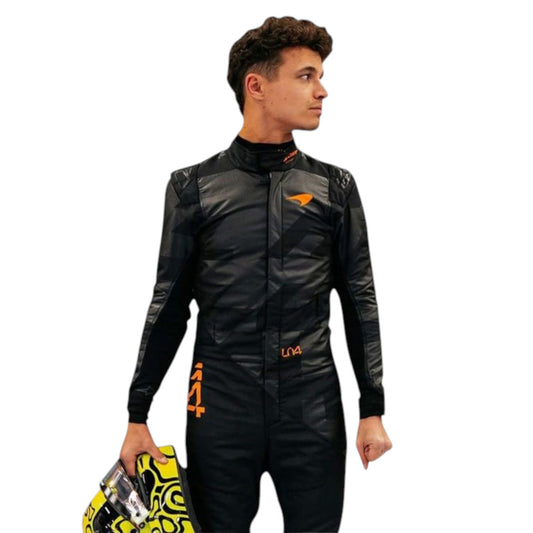 Lando Norris 2025 McLaren F1 Team black suit with papaya accents and sponsor logos