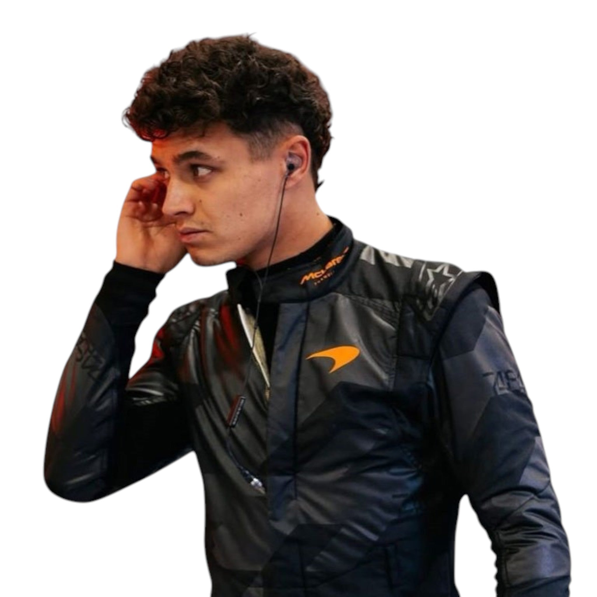 Lando Norris 2025 McLaren F1 Team black suit with papaya accents and sponsor logos