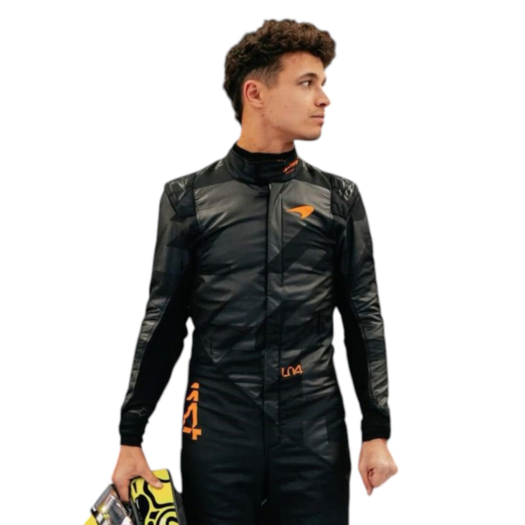 Lando Norris 2025 McLaren F1 Team black suit with papaya accents and sponsor logos