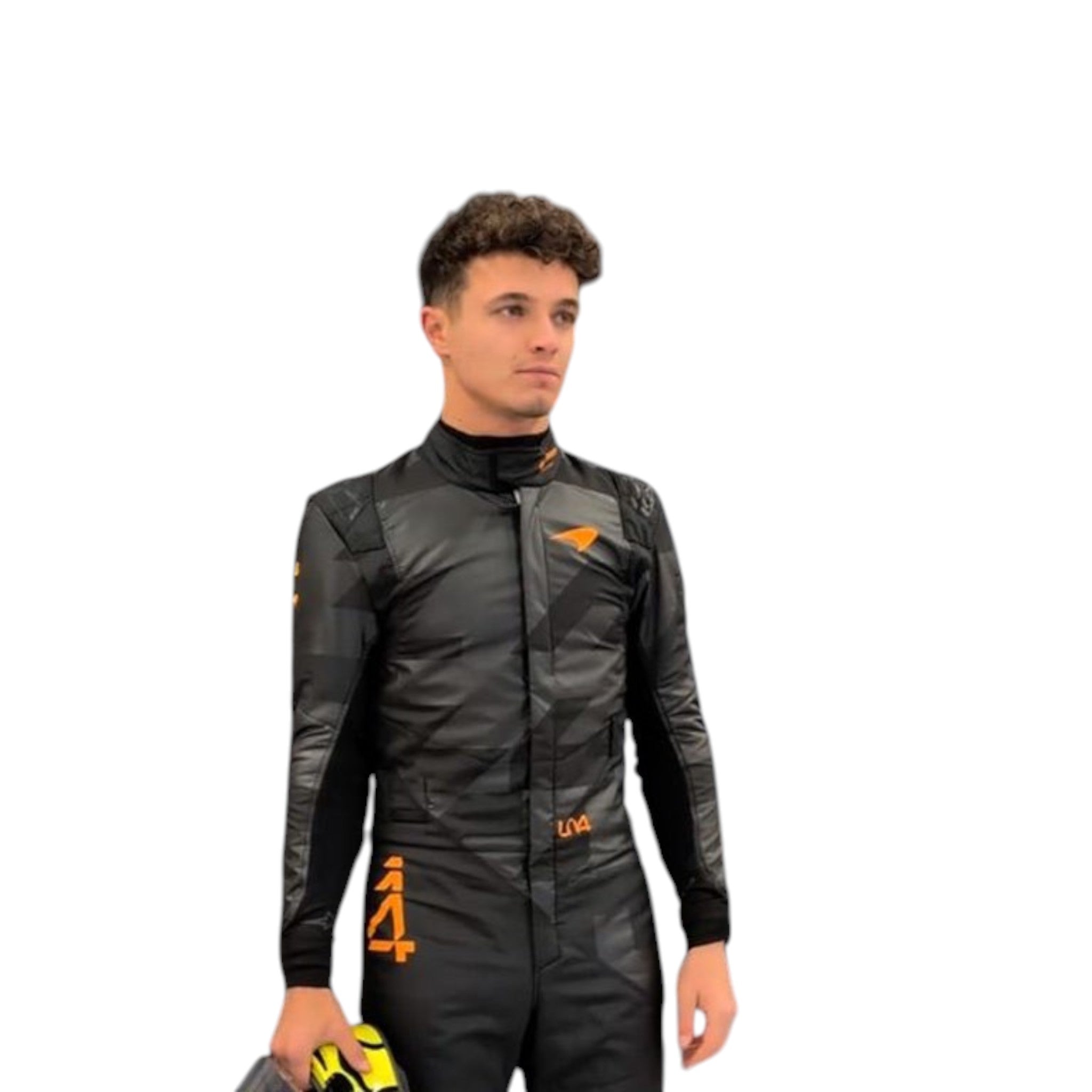 Lando Norris 2025 McLaren F1 Team black suit with papaya accents and sponsor logos