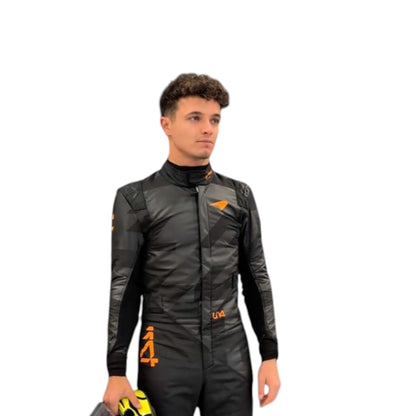 Lando Norris 2025 McLaren F1 Team black suit with papaya accents and sponsor logos