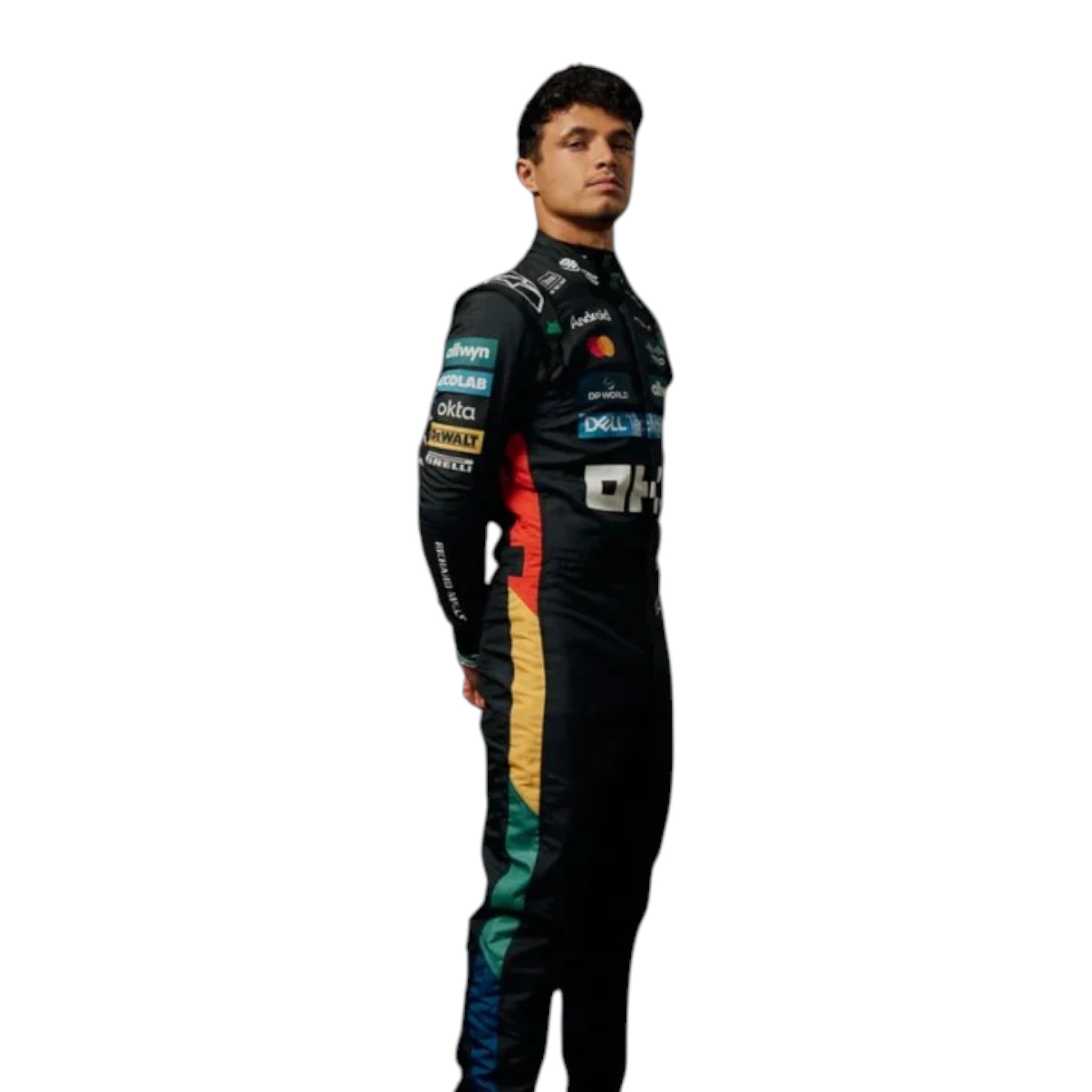 Lando Norris 2025 McLaren Silverstone British GP Formula 1 race suit in black with multicolor side accents and sponsor logos