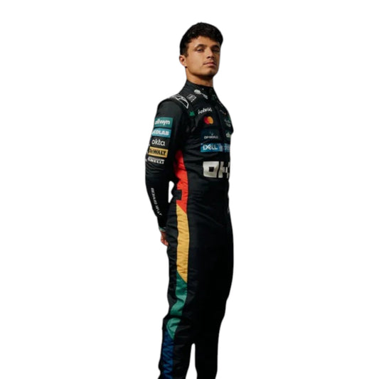 Lando Norris 2025 McLaren Silverstone British GP Formula 1 race suit in black with multicolor side accents and sponsor logos