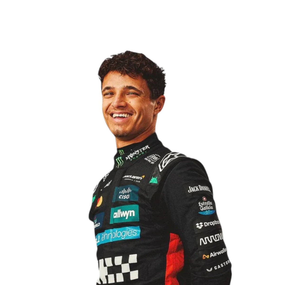 Lando Norris 2025 McLaren Silverstone British GP Formula 1 race suit in black with multicolor side accents and sponsor logos