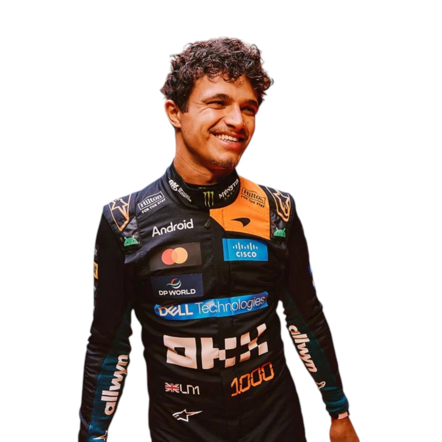 Lando Norris 2026 McLaren 1000th Monaco GP F1 race suit featuring a black, papaya orange and blue colourway with special edition McLaren detailing