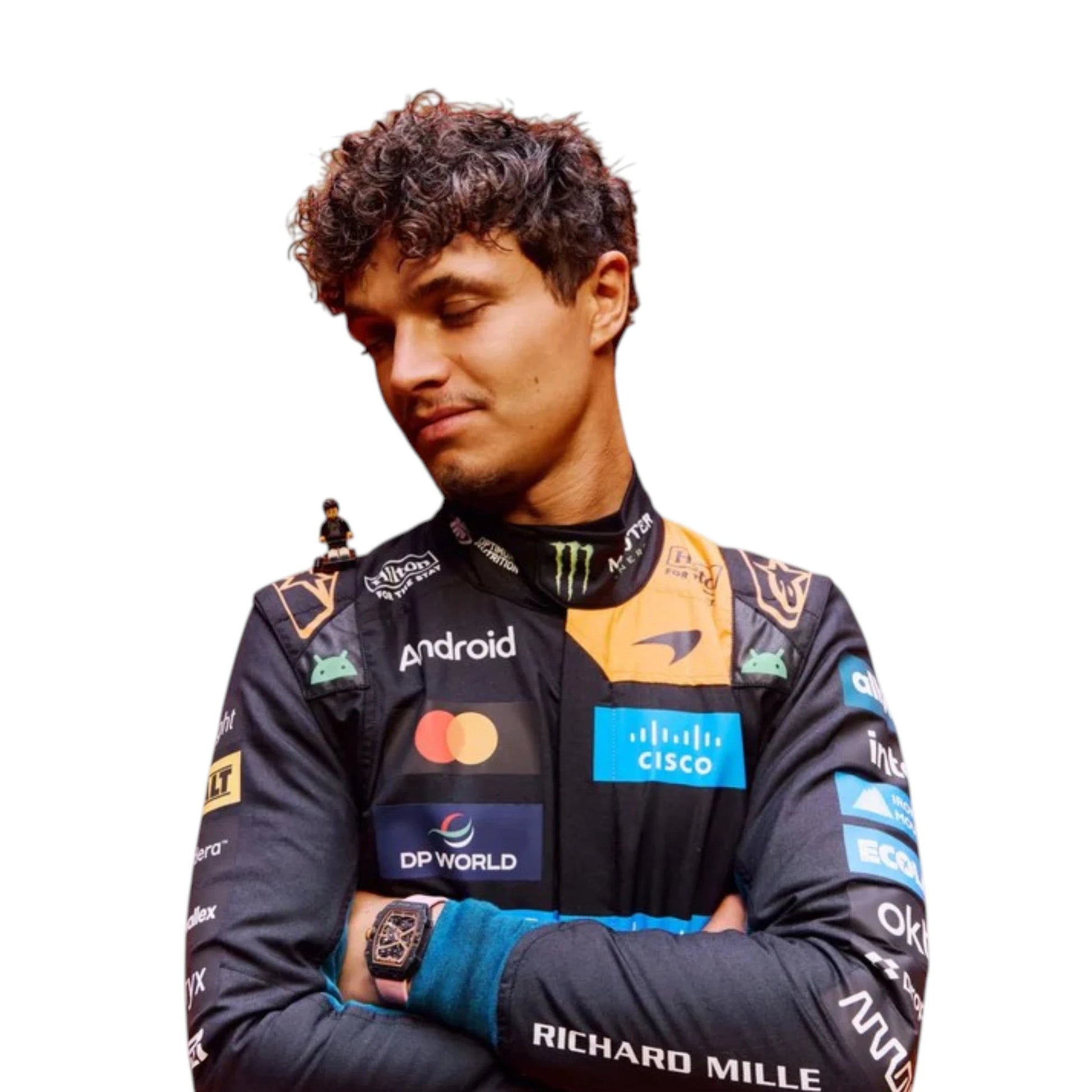 Lando Norris 2026 McLaren 1000th Monaco GP F1 race suit featuring a black, papaya orange and blue colourway with special edition McLaren detailing
