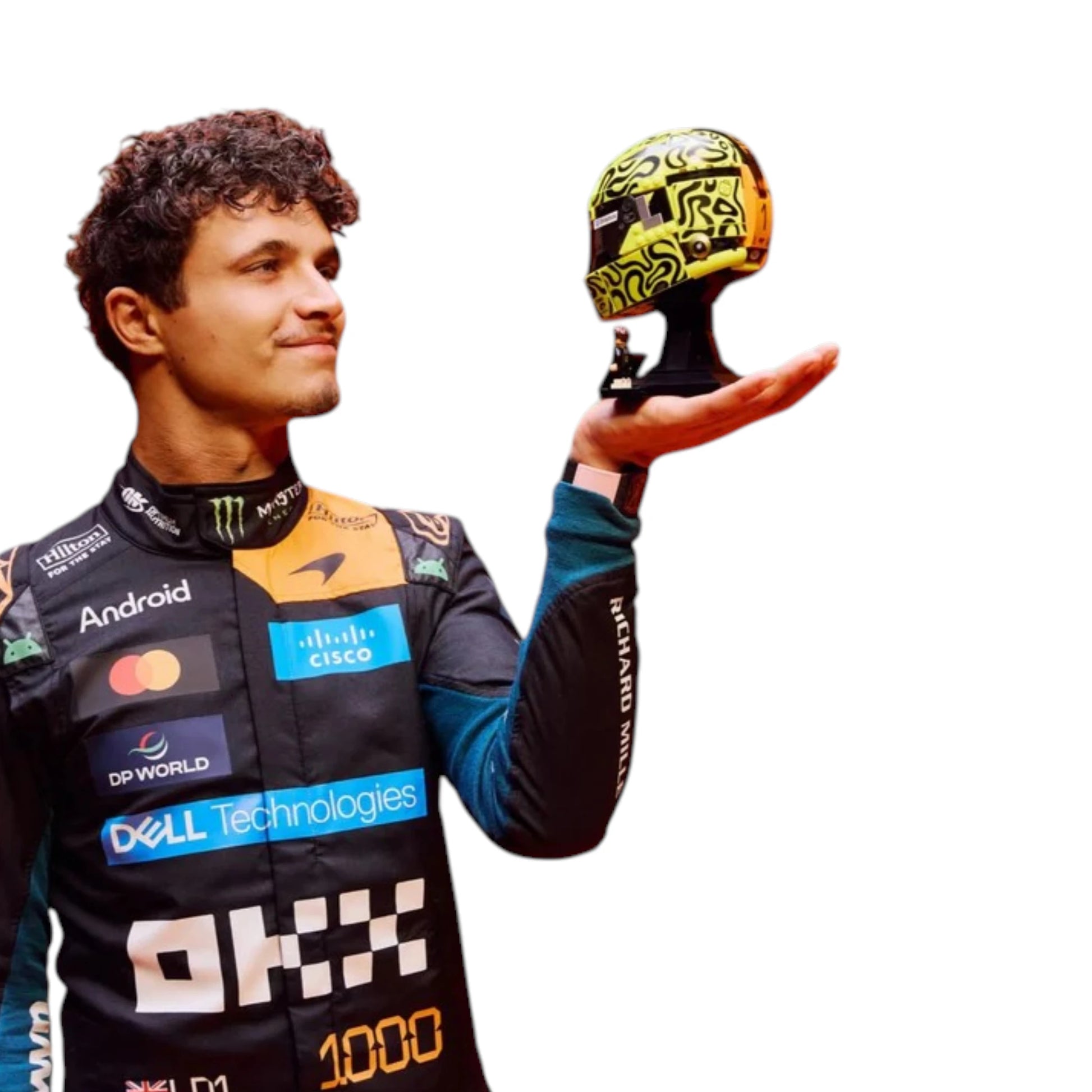 Lando Norris 2026 McLaren 1000th Monaco GP F1 race suit featuring a black, papaya orange and blue colourway with special edition McLaren detailing