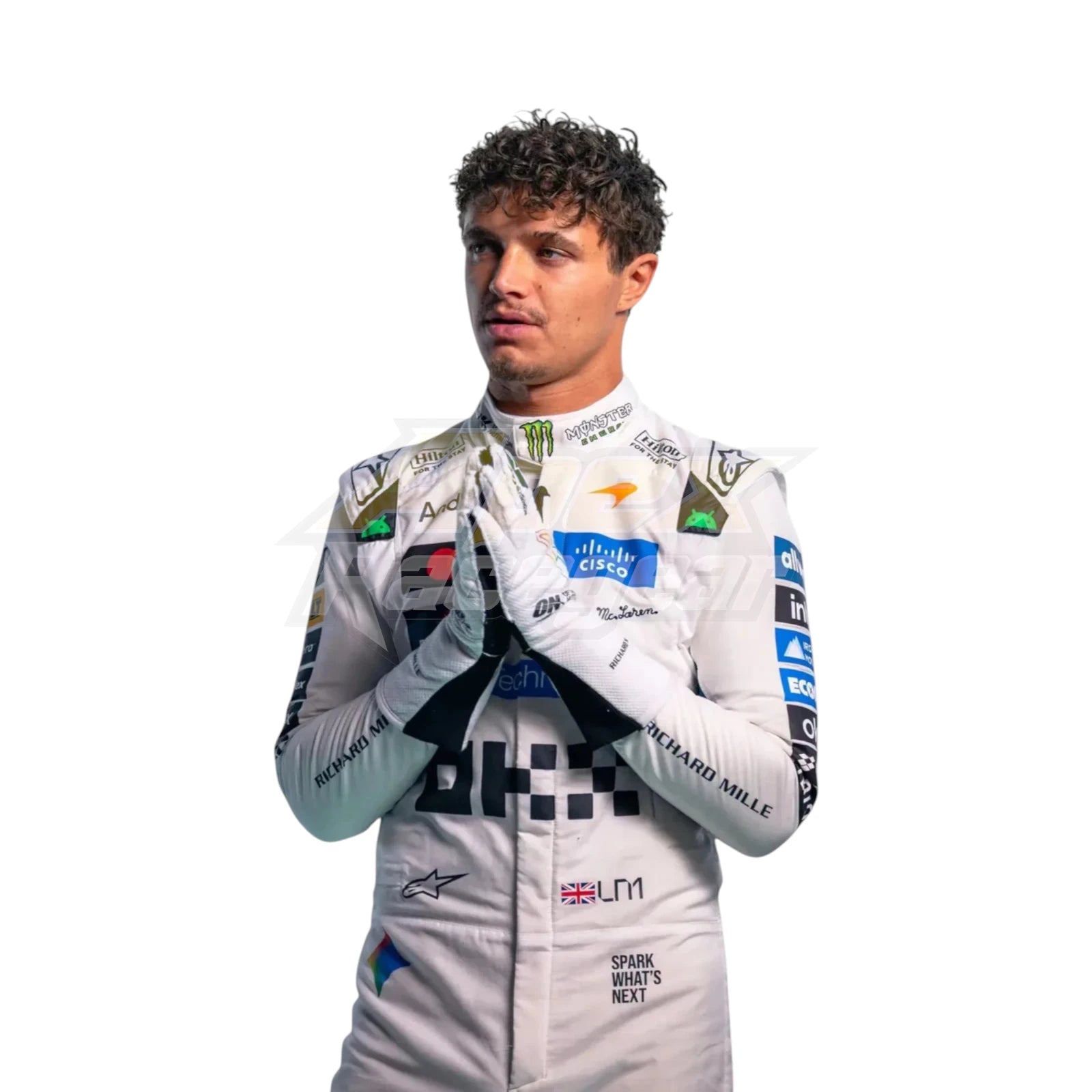 White Lando Norris 2026 McLaren British GP F1 Racing Suit with McLaren Formula 1 team sponsor logos and British GP special edition detailing
