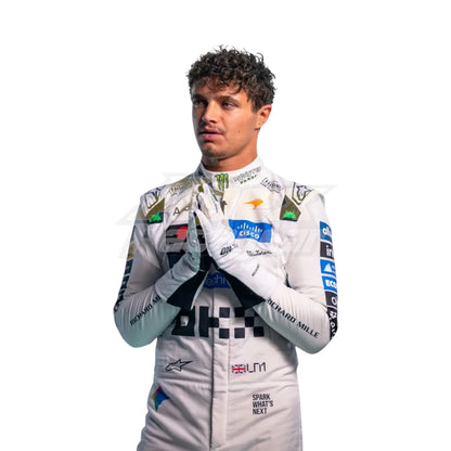 White Lando Norris 2026 McLaren British GP F1 Racing Suit with McLaren Formula 1 team sponsor logos and British GP special edition detailing
