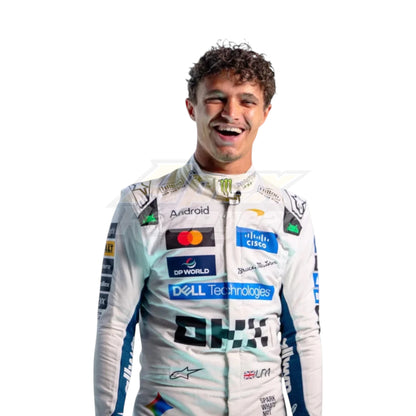 White Lando Norris 2026 McLaren British GP F1 Racing Suit with McLaren Formula 1 team sponsor logos and British GP special edition detailing