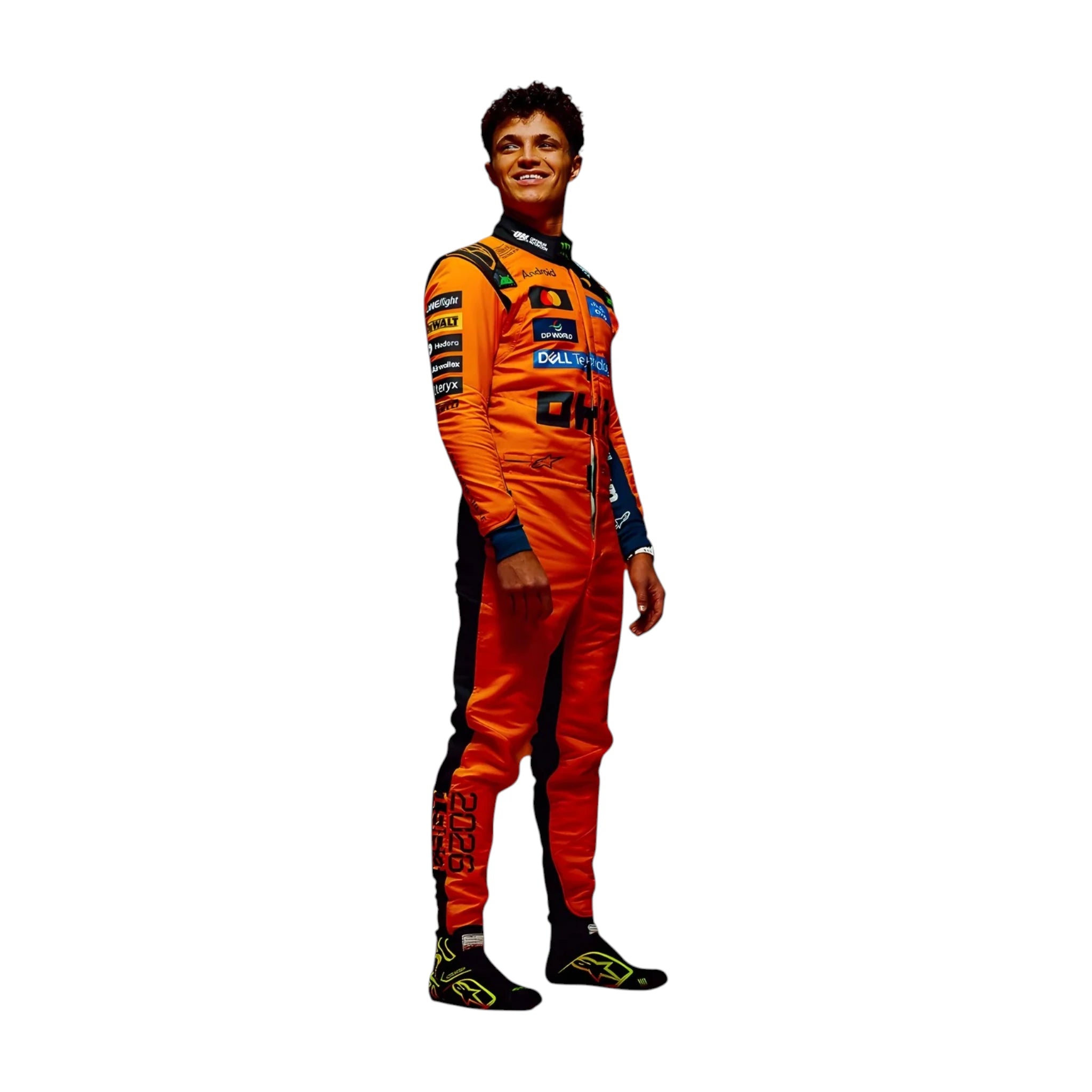 Lando Norris 2026 McLaren F1 race suit in papaya orange with black accents and sponsor logos