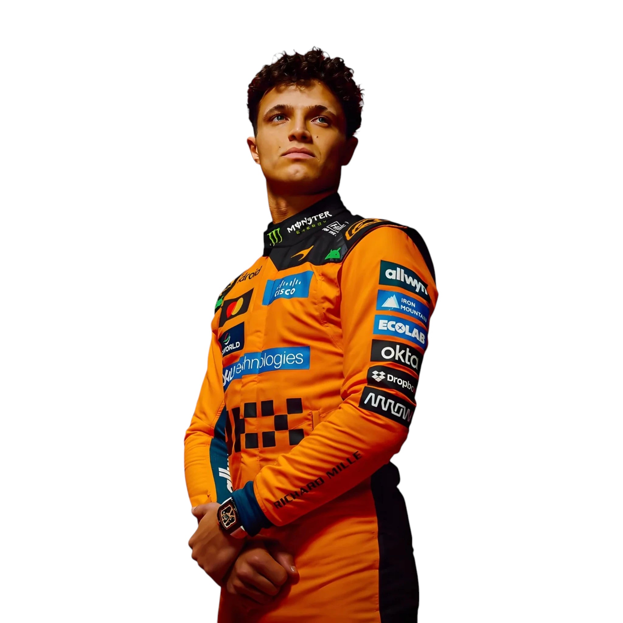 Lando Norris 2026 McLaren F1 race suit in papaya orange with black accents and sponsor logos