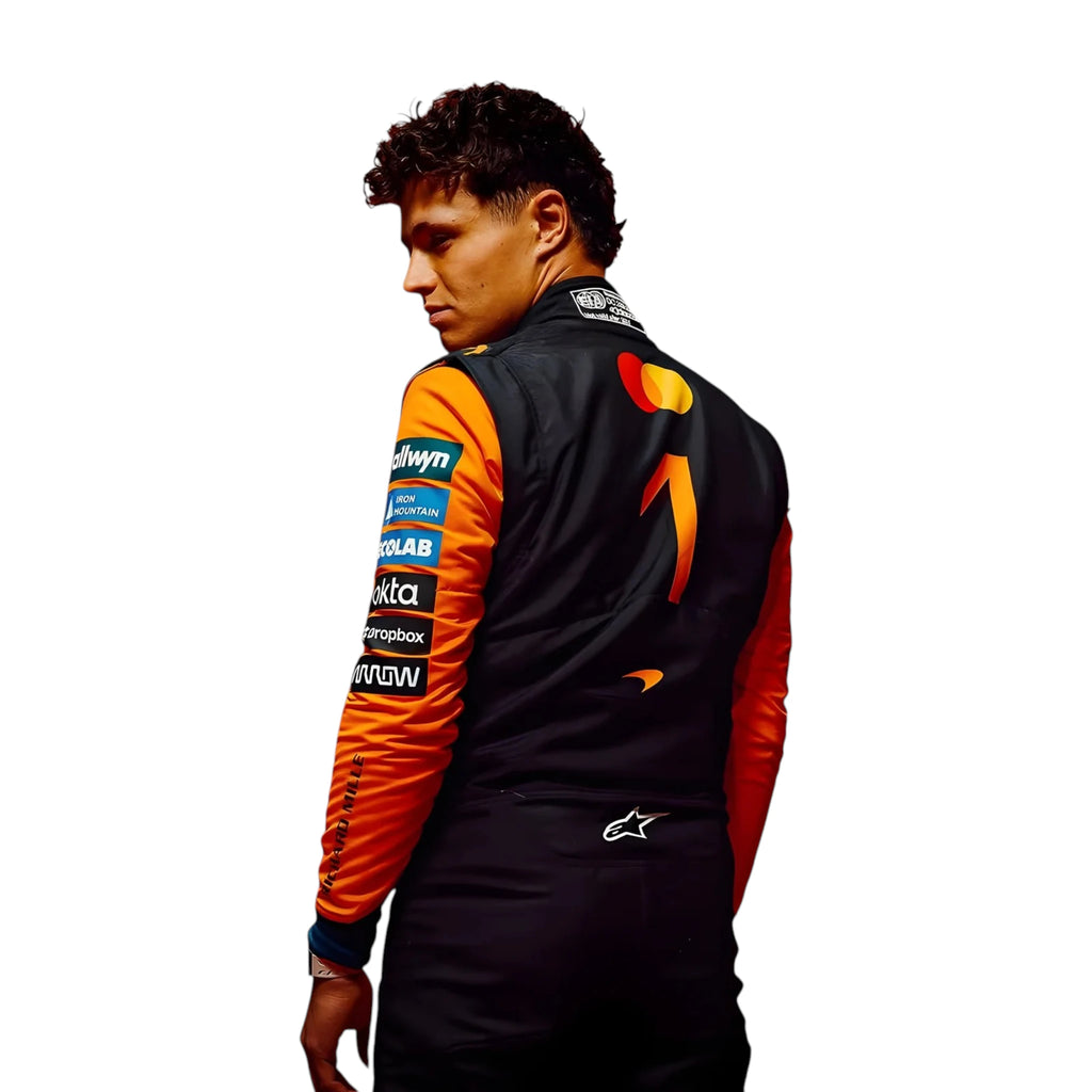 Lando Norris 2026 McLaren F1 race suit in papaya orange with black accents and sponsor logos