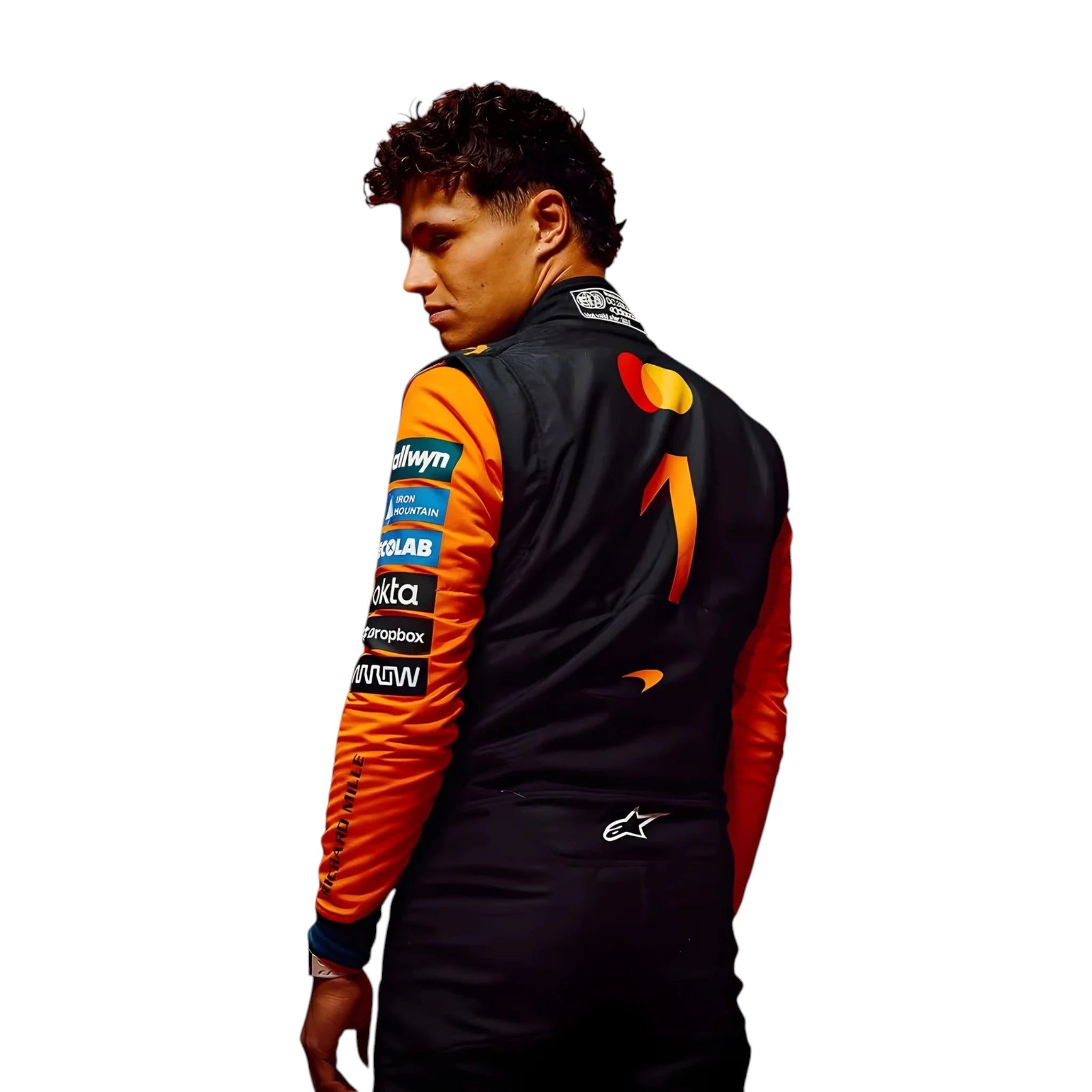 Lando Norris 2026 McLaren F1 race suit in papaya orange with black accents and sponsor logos