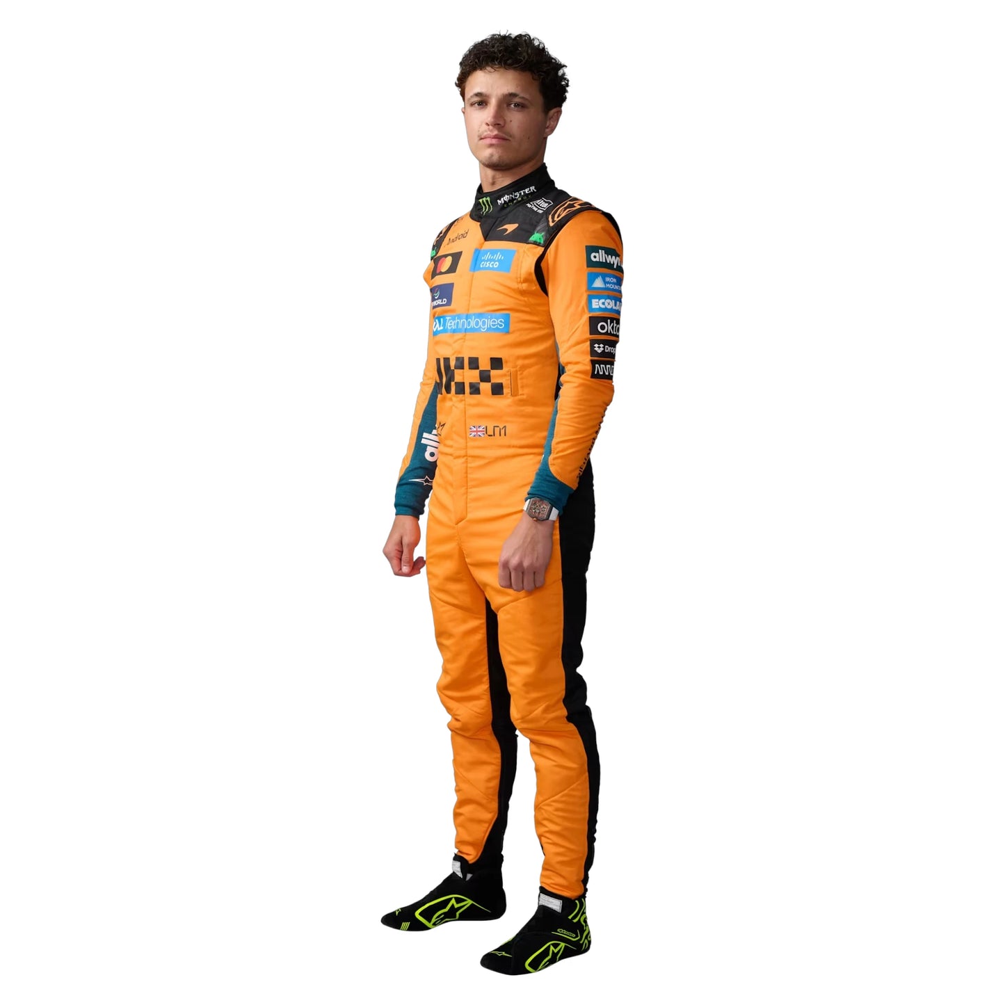 Lando Norris 2026 McLaren F1 race suit in papaya orange with black accents and sponsor logos