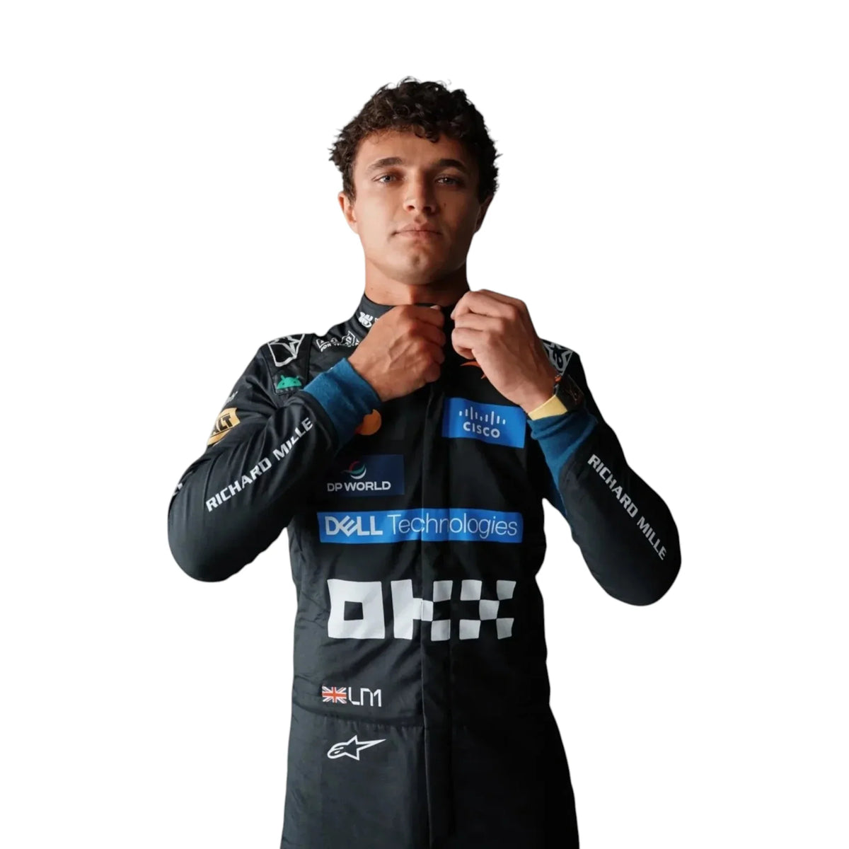 Lando Norris 2026 McLaren Monza GP F1 Racing Suit in black featuring McLaren team branding and sponsor logos
