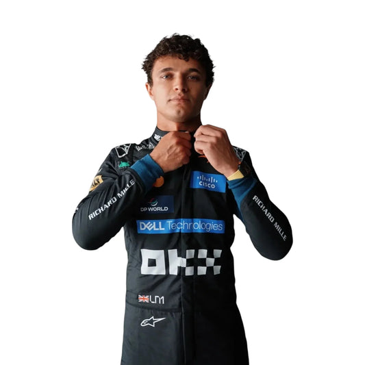 Lando Norris 2026 McLaren Monza GP F1 Racing Suit in black featuring McLaren team branding and sponsor logos