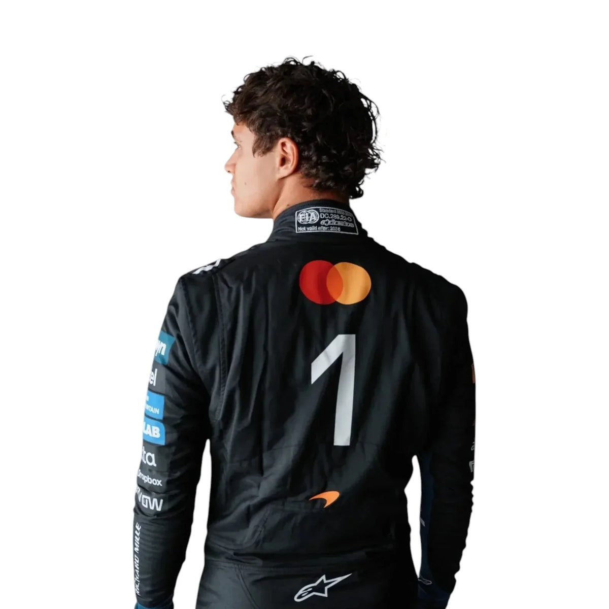 Lando Norris 2026 McLaren Monza GP F1 Racing Suit in black featuring McLaren team branding and sponsor logos