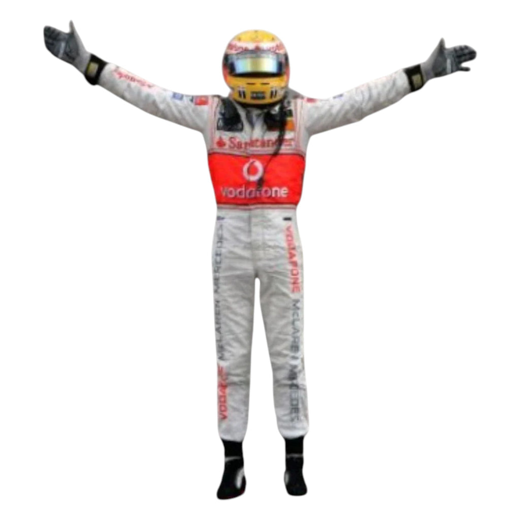 Lewis Hamilton 2007 McLaren F1 race suit in silver and red with Vodafone McLaren Mercedes sponsor logos