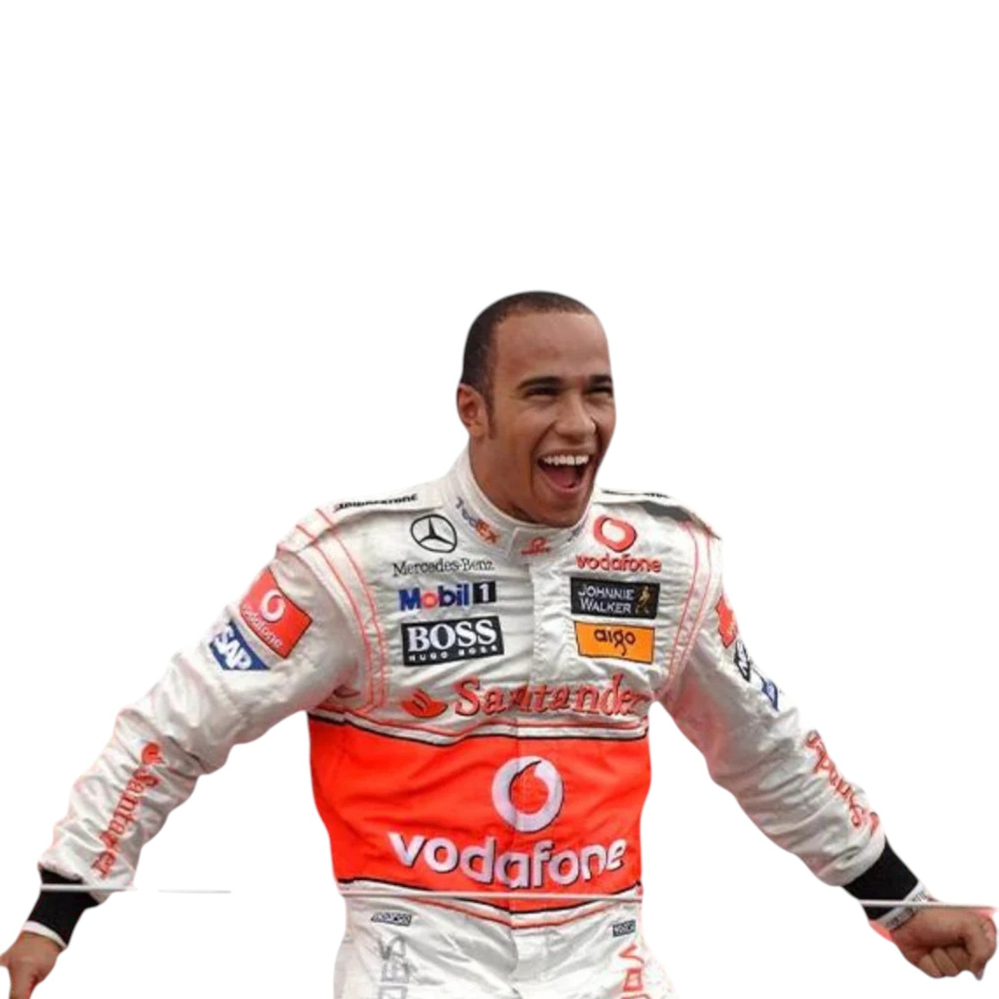 Lewis Hamilton 2008 McLaren F1 race suit replica silver and red Vodafone McLaren Mercedes design with sponsor logos from his championship winning season

