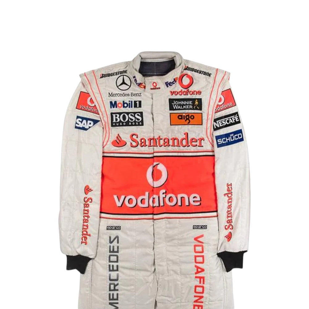 Lewis Hamilton 2008 McLaren F1 race suit in silver and red with Vodafone McLaren Mercedes sponsor logos