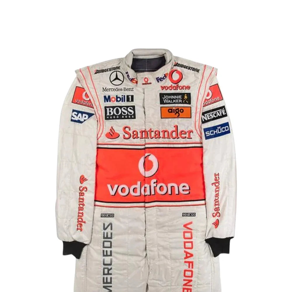 Lewis Hamilton 2008 McLaren F1 race suit in silver and red with Vodafone McLaren Mercedes sponsor logos