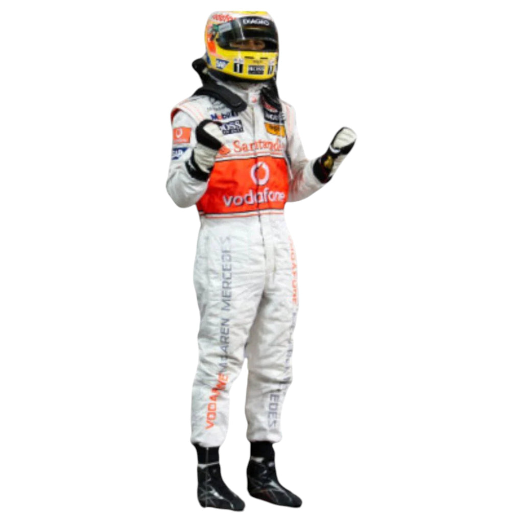 Lewis Hamilton 2009 McLaren F1 race suit in silver and red with Vodafone McLaren Mercedes sponsor logos
