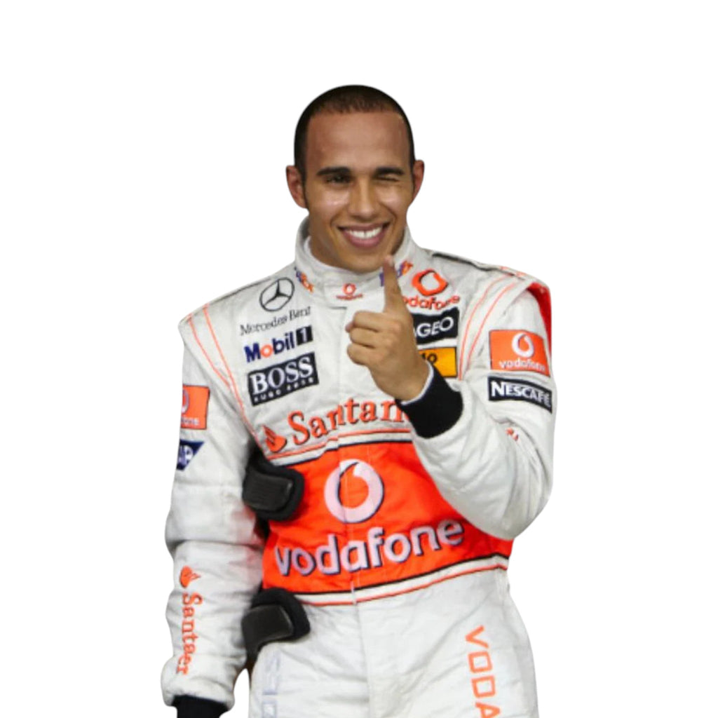 Lewis Hamilton 2009 McLaren F1 race suit in silver and red with Vodafone McLaren Mercedes sponsor logos