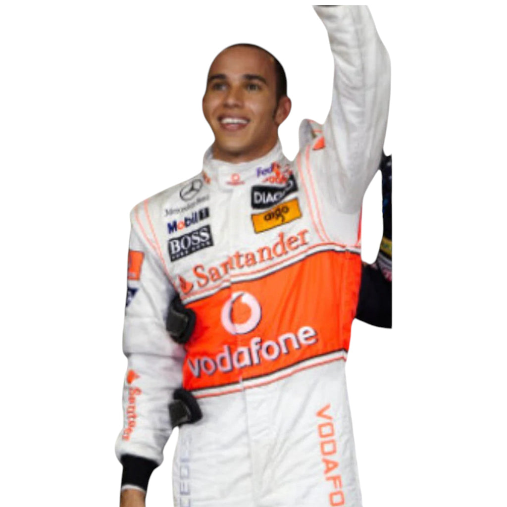 Lewis Hamilton 2009 McLaren F1 race suit in silver and red with Vodafone McLaren Mercedes sponsor logos