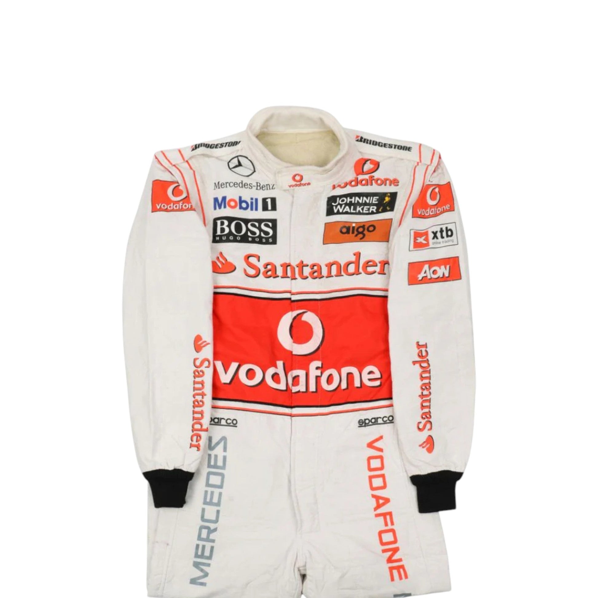 Lewis Hamilton 2010 McLaren F1 race suit replica silver Vodafone McLaren Mercedes design featuring red accents and season specific sponsor logos