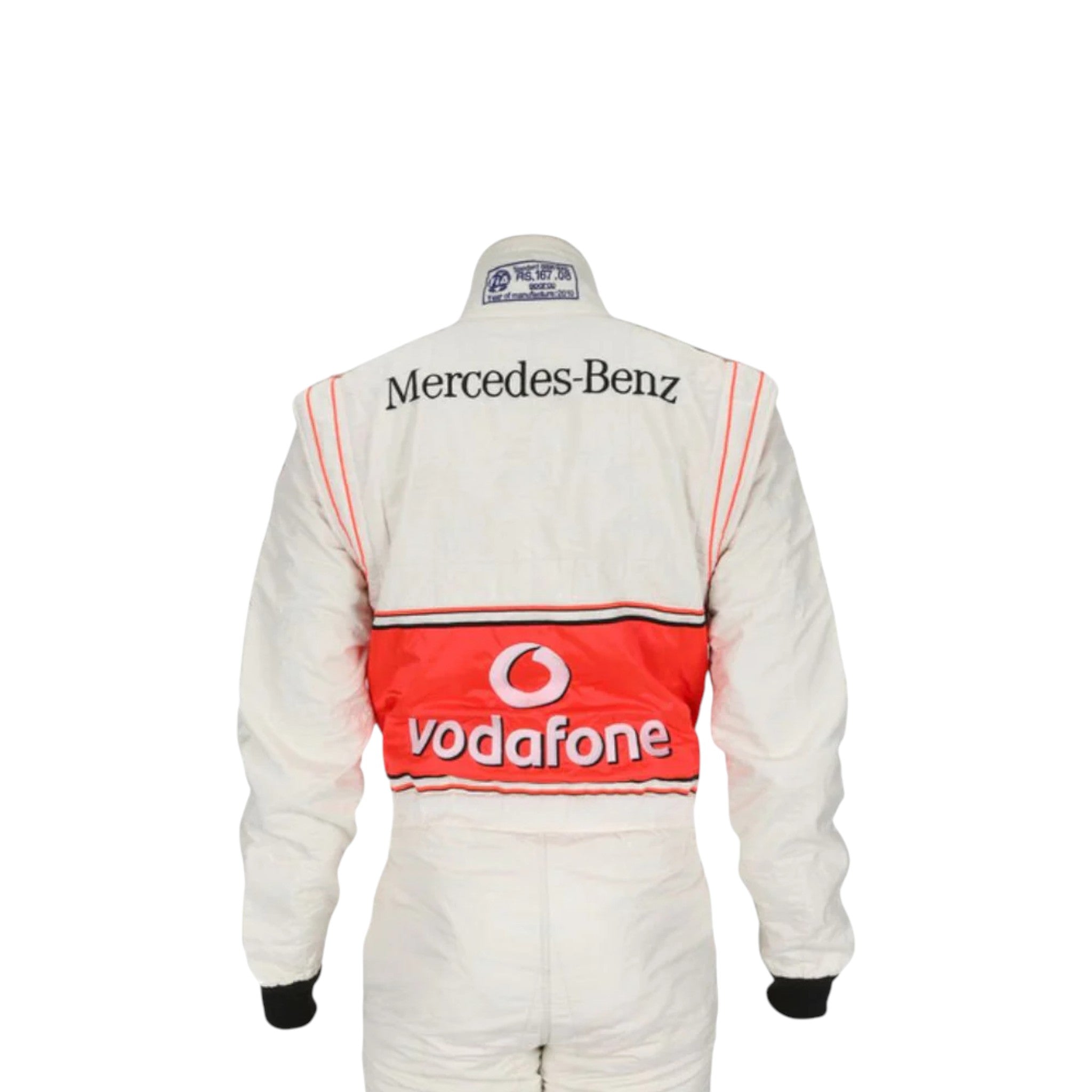Lewis Hamilton 2010 McLaren F1 race suit in silver and red with Vodafone McLaren Mercedes sponsor logos
