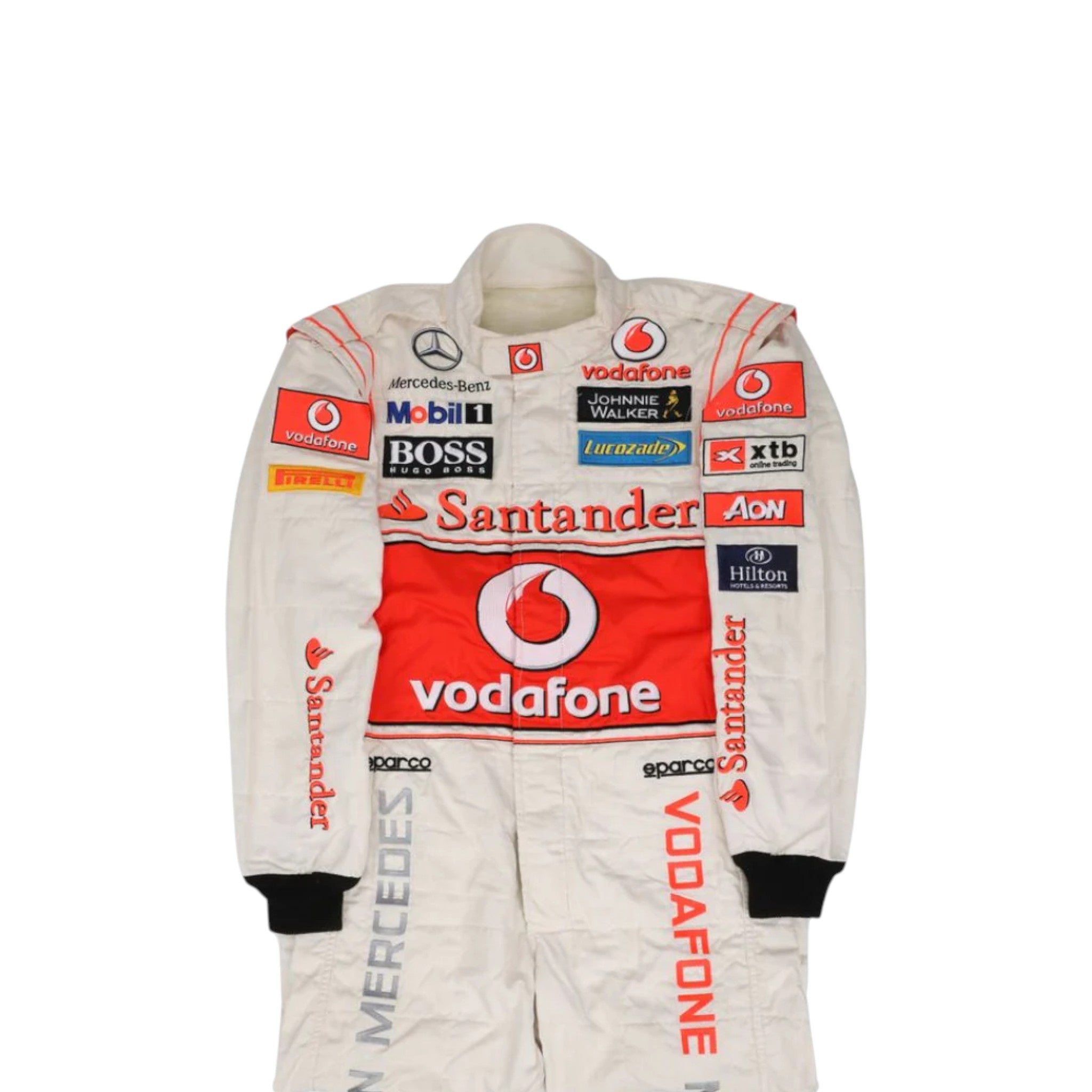 Lewis Hamilton 2011 McLaren F1 race suit in silver and red with Vodafone McLaren Mercedes sponsor logos
