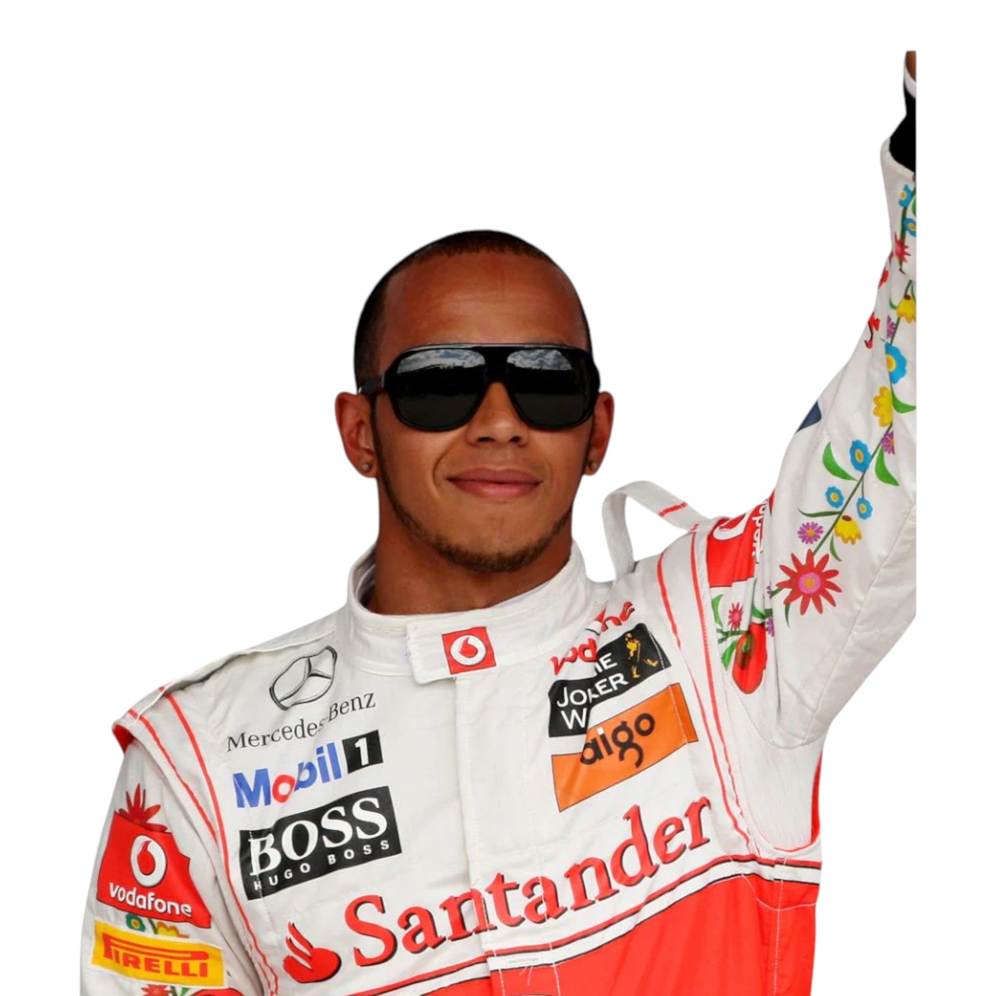Lewis Hamilton 2011 McLaren F1 race suit in silver and red with Vodafone McLaren Mercedes sponsor logos