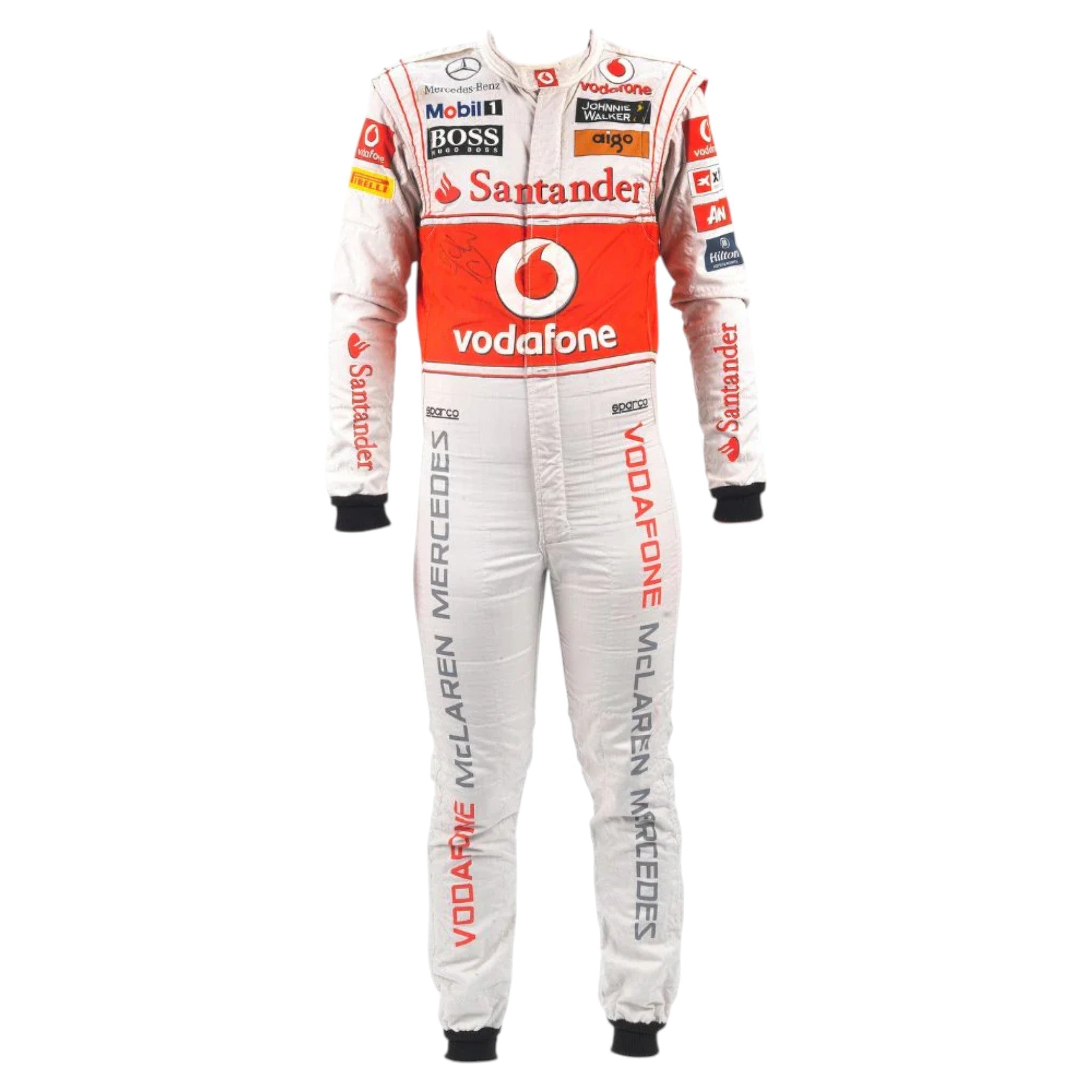 Lewis Hamilton 2011 McLaren F1 race suit in silver and red with Vodafone McLaren Mercedes sponsor logos