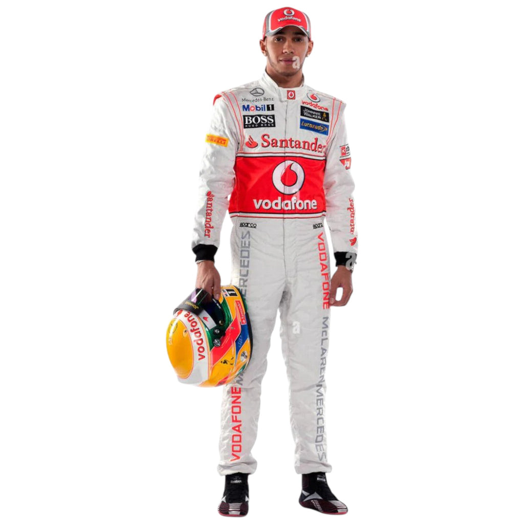 Lewis Hamilton 2012 McLaren F1 race suit in silver and red with Vodafone McLaren Mercedes sponsor logos
